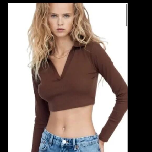 Zara Brown Long Sleeve Crop Polo Top - Picture 7 of 7